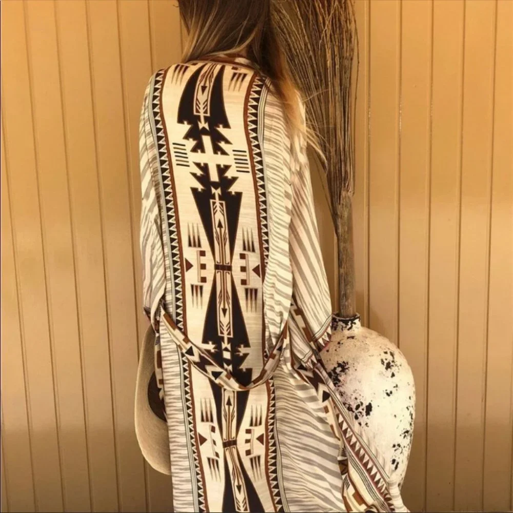 Boho Western Kimono Maxi long Duster Folk Cardigan - Picture 2 of 4